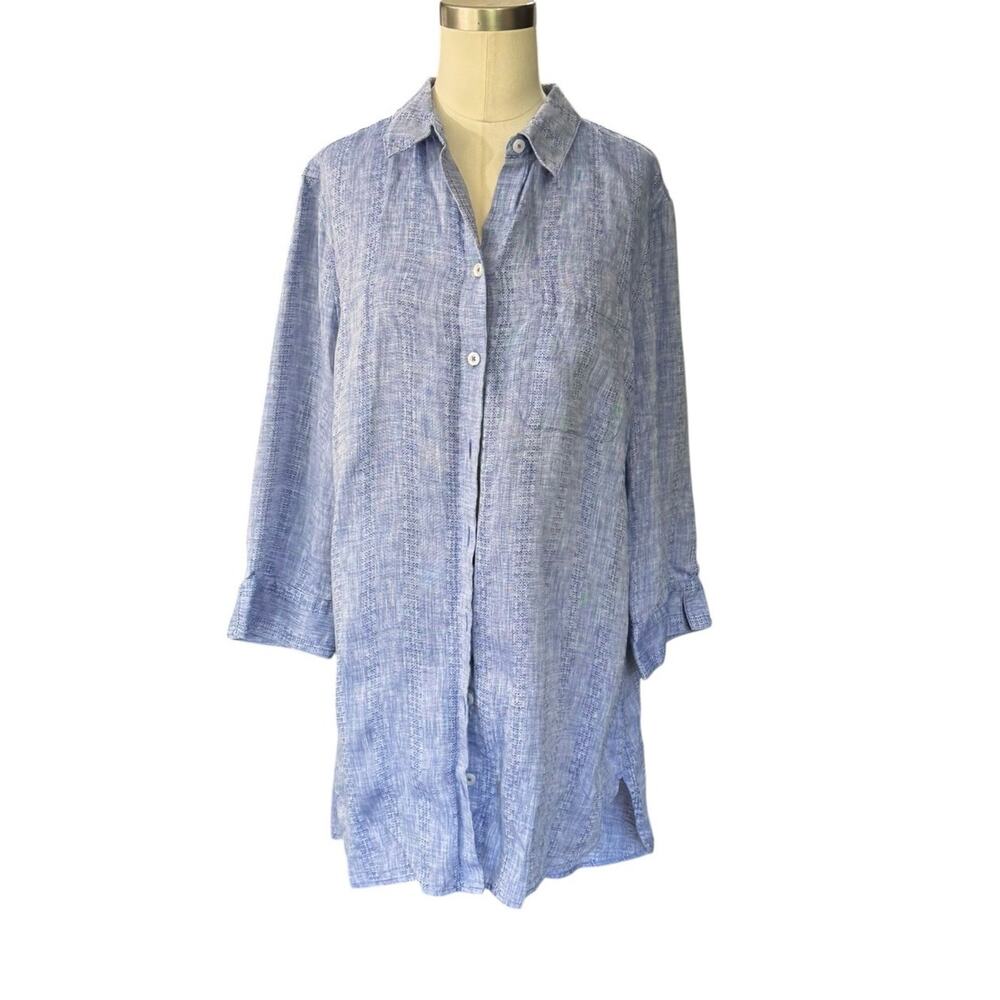 Chico’s No Iron Linen High-Low Shirttail Hem Tunic indigo blue Size 2/ 12/14